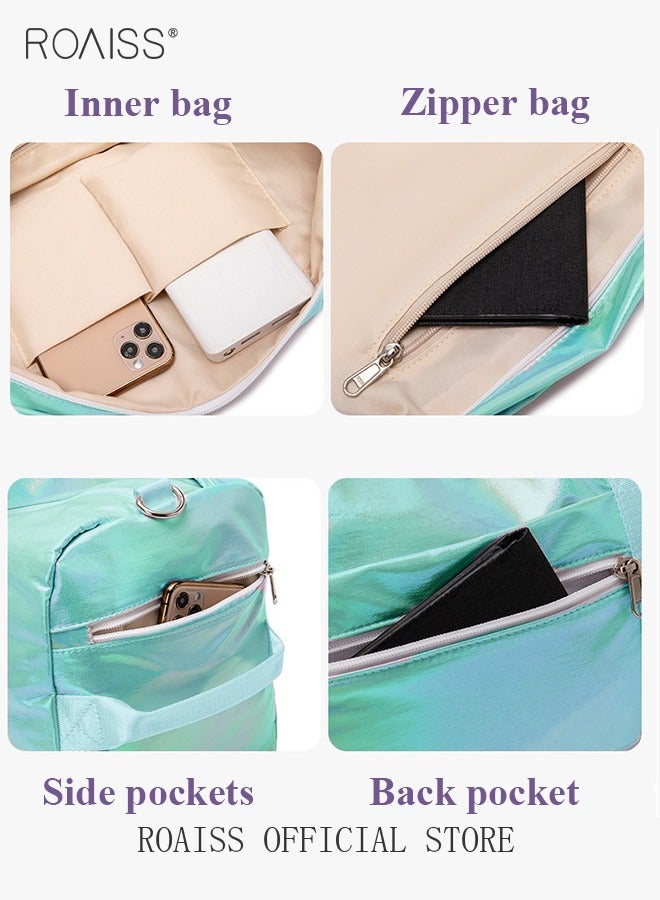 رويس حقيبة سفر كبيرة الحجم مقاومة للماء بتصميم متدرج الألوان، حقيبة كتف، حقيبة سفر قصيرة، حقيبة ملابس، حقيبة رياضية مزودة بحزام لعربة، مناسبة للتمارين الرياضية واللياقة البدنية والرحلات. - Image 5